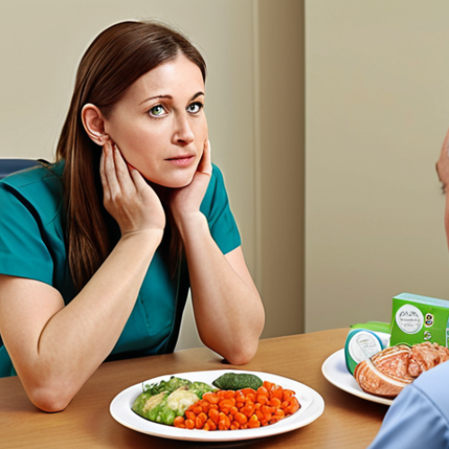 **A nutritionist sitting across from a patient, actively listening with a compassionate expression. The scene should convey trust and a supportive environment, perhaps with healthy food options subtly displayed in the background.**