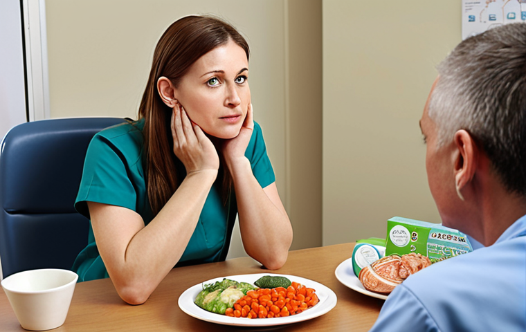 **A nutritionist sitting across from a patient, actively listening with a compassionate expression. The scene should convey trust and a supportive environment, perhaps with healthy food options subtly displayed in the background.**