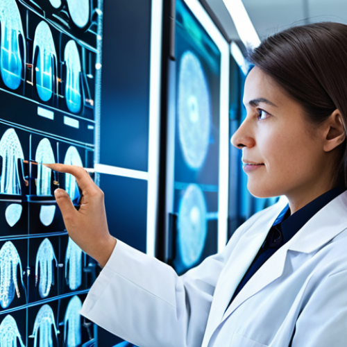 A professional female nutritionist in a clean, modest lab coat, intensely focused on a glowing digital display showing intricate biochemical pathways and cellular structures. She is surrounded by neatly stacked scientific journals and advanced lab equipment in a modern, well-lit research laboratory. The scene emphasizes deep learning and scientific rigor. Fully clothed, appropriate attire, safe for work, perfect anatomy, natural proportions, professional dress, well-formed hands, proper finger count, natural body proportions, professional photography, high quality, appropriate content.