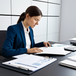 A professional female nutritionist in a modest business suit, depicted in a split scene within a bright, modern consultation room. On one side, she is shown amidst a cluttered desk with piles of physical paper files and folders, conveying a sense of slight overwhelm. On the other side, the same nutritionist sits at a clean, minimalist desk, calmly and efficiently interacting with a tablet or laptop, representing digital organization. The scene emphasizes the contrast between traditional and digital workflows. perfect anatomy, correct proportions, natural pose, well-formed hands, proper finger count, natural body proportions, professional photography, high quality, safe for work, appropriate content, fully clothed, professional.