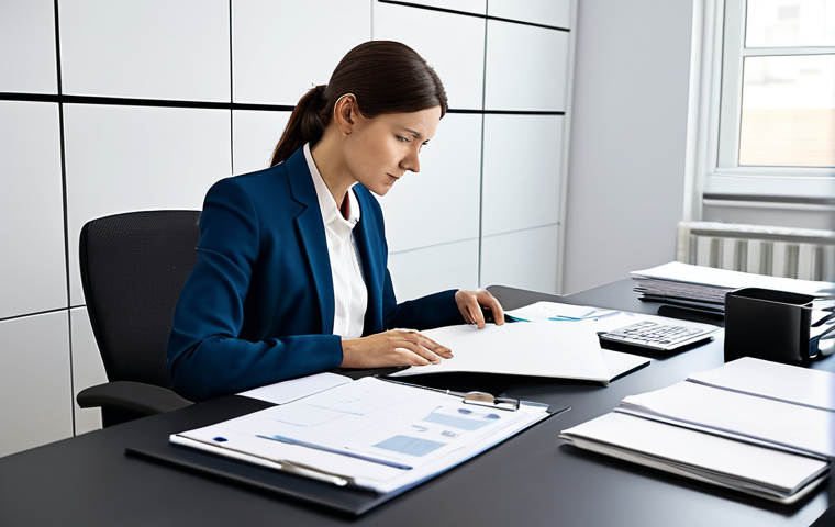 A professional female nutritionist in a modest business suit, depicted in a split scene within a bright, modern consultation room. On one side, she is shown amidst a cluttered desk with piles of physical paper files and folders, conveying a sense of slight overwhelm. On the other side, the same nutritionist sits at a clean, minimalist desk, calmly and efficiently interacting with a tablet or laptop, representing digital organization. The scene emphasizes the contrast between traditional and digital workflows. perfect anatomy, correct proportions, natural pose, well-formed hands, proper finger count, natural body proportions, professional photography, high quality, safe for work, appropriate content, fully clothed, professional.