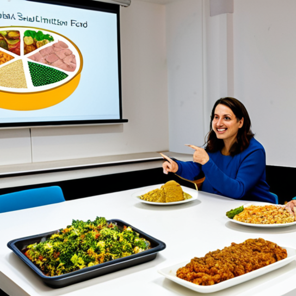 **
A friendly female nutritionist giving an informative presentation to a diverse group of adults at a community center in Lisbon, Portugal. She's pointing to a slide showing healthy Portuguese food options. Everyone is fully clothed in appropriate attire. The scene is bright and welcoming. Include the words "alimentação saudável" (healthy eating) on the slide. Safe for work, appropriate content, professional, modest, family-friendly, perfect anatomy, correct proportions, natural pose, well-formed hands, proper finger count, natural body proportions.
**
