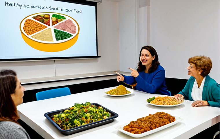 **
A friendly female nutritionist giving an informative presentation to a diverse group of adults at a community center in Lisbon, Portugal. She's pointing to a slide showing healthy Portuguese food options. Everyone is fully clothed in appropriate attire. The scene is bright and welcoming. Include the words "alimentação saudável" (healthy eating) on the slide. Safe for work, appropriate content, professional, modest, family-friendly, perfect anatomy, correct proportions, natural pose, well-formed hands, proper finger count, natural body proportions.
**