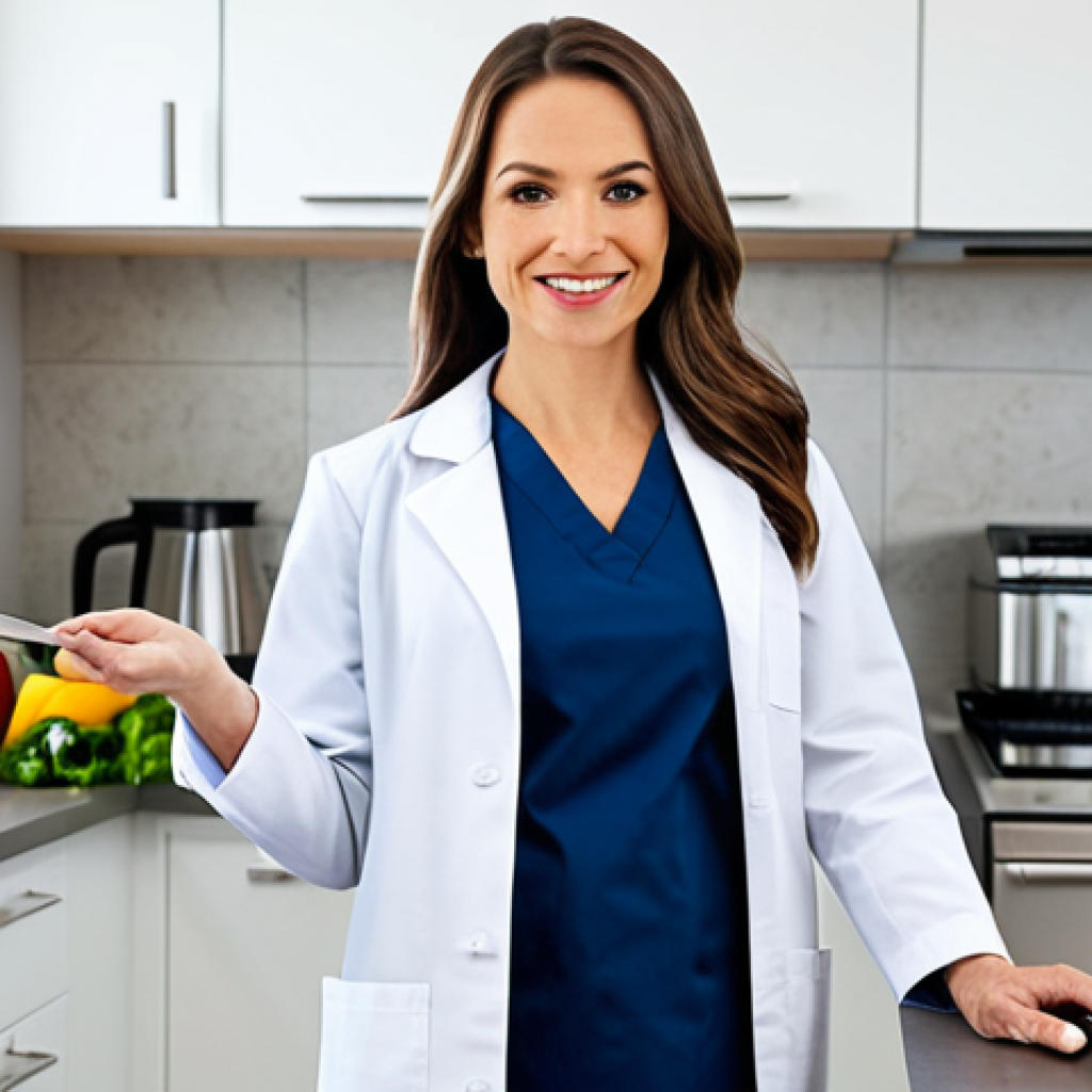 **
A confident, fully clothed registered dietitian stands in a bright, modern kitchen. She is wearing a professional, modest lab coat and holding a plate of colorful, healthy food. Background includes stainless steel appliances and fresh produce. Perfect anatomy, correct proportions, natural pose, well-formed hands, proper finger count, natural body proportions, professional photography, high quality, safe for work, appropriate content, family-friendly, professional.
**