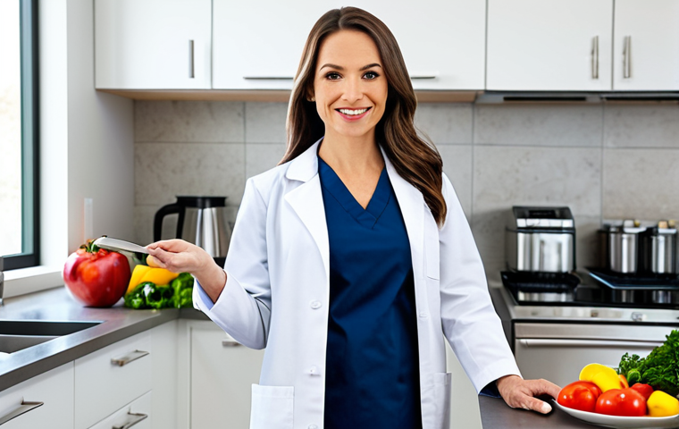 **
A confident, fully clothed registered dietitian stands in a bright, modern kitchen. She is wearing a professional, modest lab coat and holding a plate of colorful, healthy food. Background includes stainless steel appliances and fresh produce. Perfect anatomy, correct proportions, natural pose, well-formed hands, proper finger count, natural body proportions, professional photography, high quality, safe for work, appropriate content, family-friendly, professional.
**