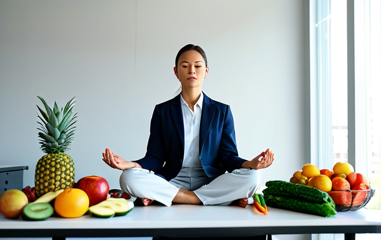 영양사 직무 스트레스 관리법 - **Prompt:** A nutritionist, fully clothed in professional attire, calmly meditating in a sunlit offi...