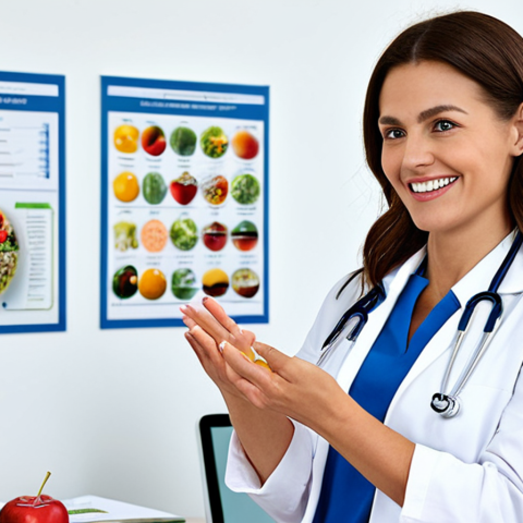 영양사 취업 시 필요한 스킬 - Empathetic Nutritionist**
A caring, fully clothed female nutritionist in a bright, modern office, l...