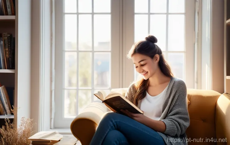 영양사 이직 후 성공 사례 - A cozy, sunlit bookstore. A young woman, approximately 20 years old, with long brown hair tied in a ...