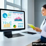 Home 21 영양사 업무 도구 활용법 - A modern nutritionist’s office scene featuring a professional using a sleek tablet displaying a colo...