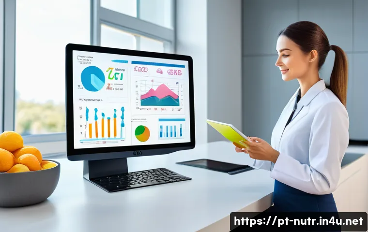 영양사 업무 도구 활용법 - A modern nutritionist’s office scene featuring a professional using a sleek tablet displaying a colo...