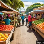 Home 19 영양사와 최신 식단 트렌드 - A vibrant farmers’ market scene in a sunny neighborhood in Brazil, showcasing colorful stalls filled...