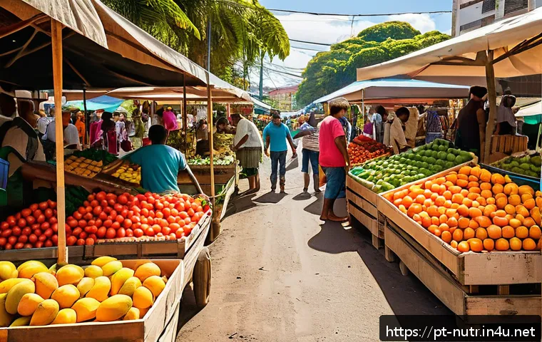 영양사와 최신 식단 트렌드 - A vibrant farmers’ market scene in a sunny neighborhood in Brazil, showcasing colorful stalls filled...