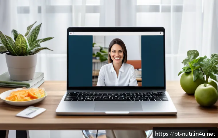 영양사 직업 전망 - A professional female nutritionist conducting an online consultation via video call on a modern lapt...