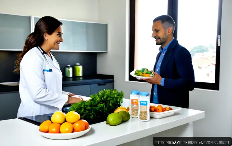Home 17 영양사로 성공하는 방법 - Photorealistic Brazilian nutritionist in a clean modern clinic kitchen, warmly consulting with an ad...