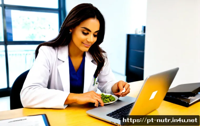 영양사로서 커리어 개발 방법 - Photorealistic Brazilian nutritionist in a bright modern clinic office, confidently reviewing a colo...
